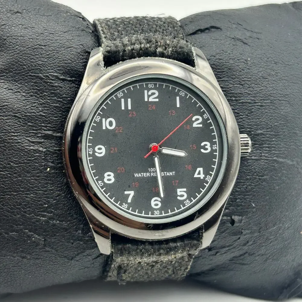 Men’s Easy-reader Black Dial Black Fabric Strap Watch Working New Battery